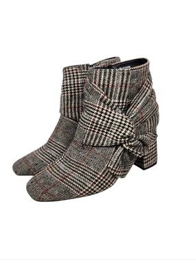 C Comfort Plaid Tweed Bow Detail Retro Brown Beige Ankle Boots Womens Size 9